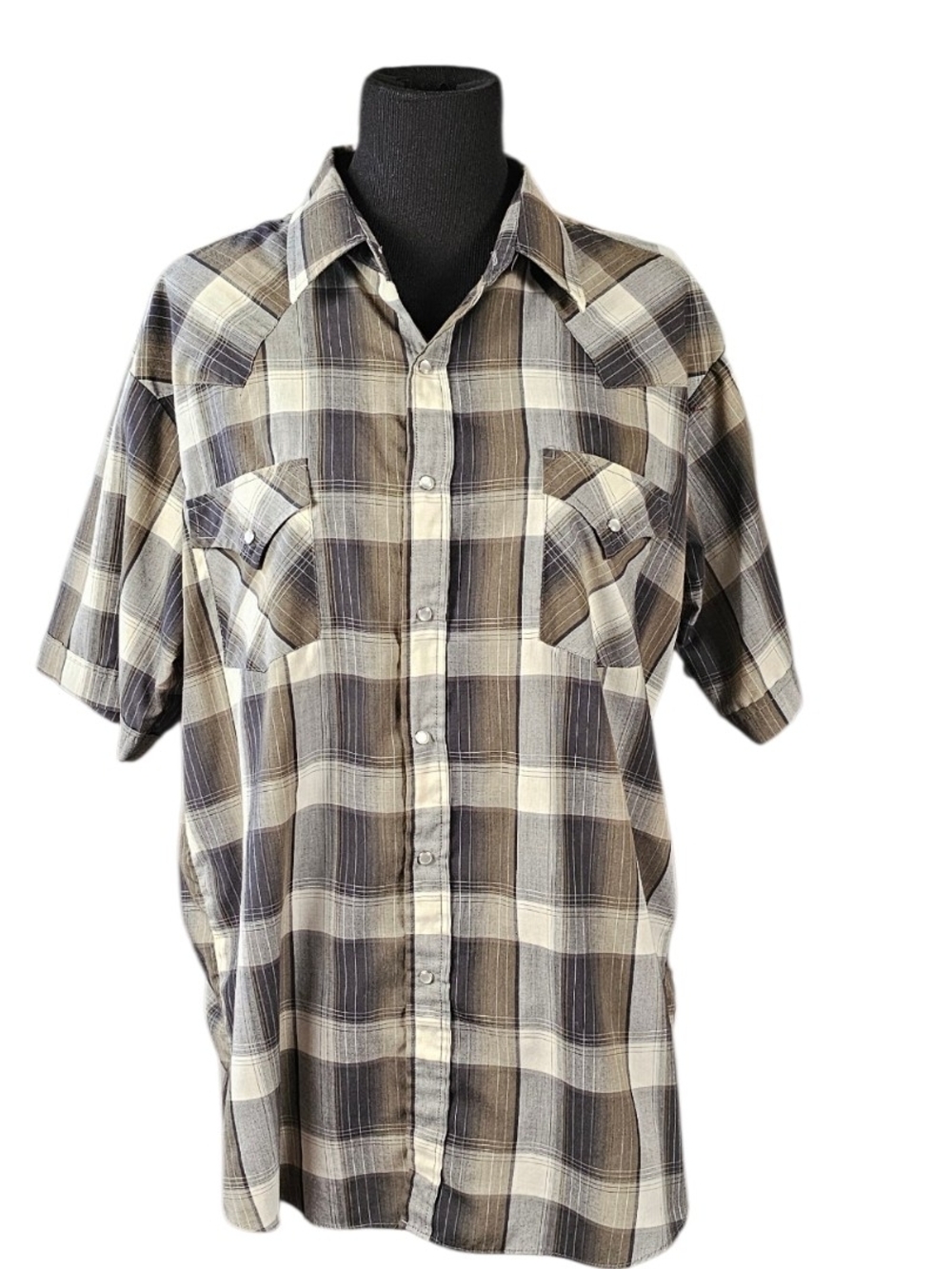 Plains Western Wear Plaid Pearl Snap Cowboy Shirt Brown Cream Men's XL